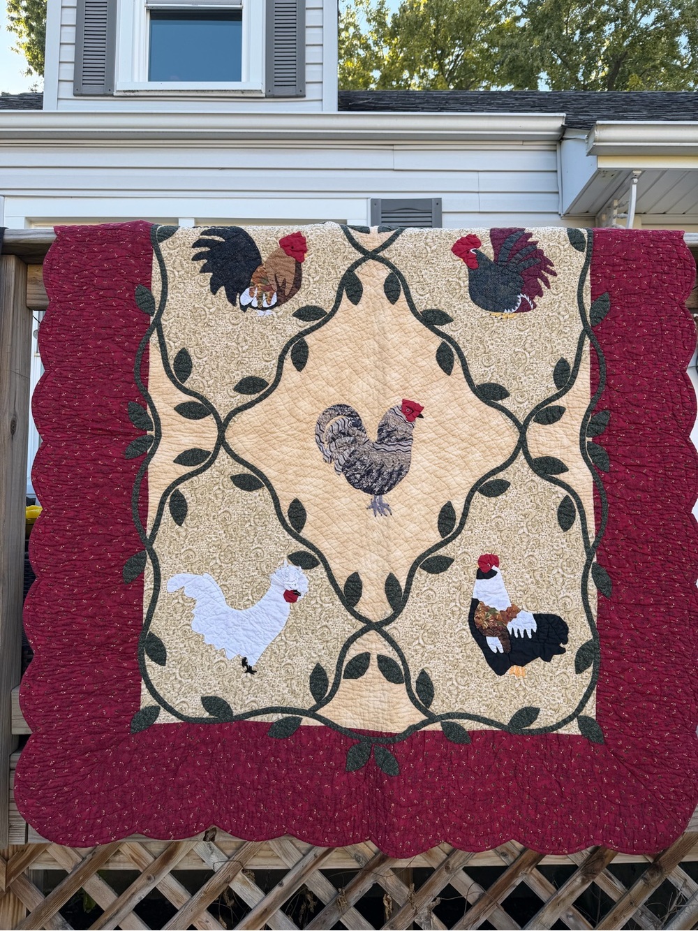 Handmade Rooster Quilt Throw in Red and Cream - Artisan Home Bedding
